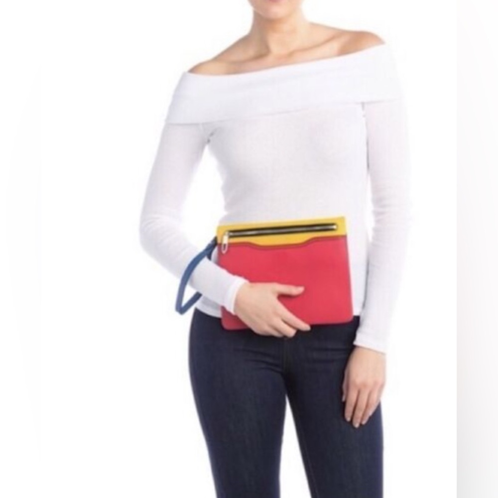 Rag & Bone Color Block Zip Leather Pouch Wristlet Bag Purse Red‎ Yellow Blue
